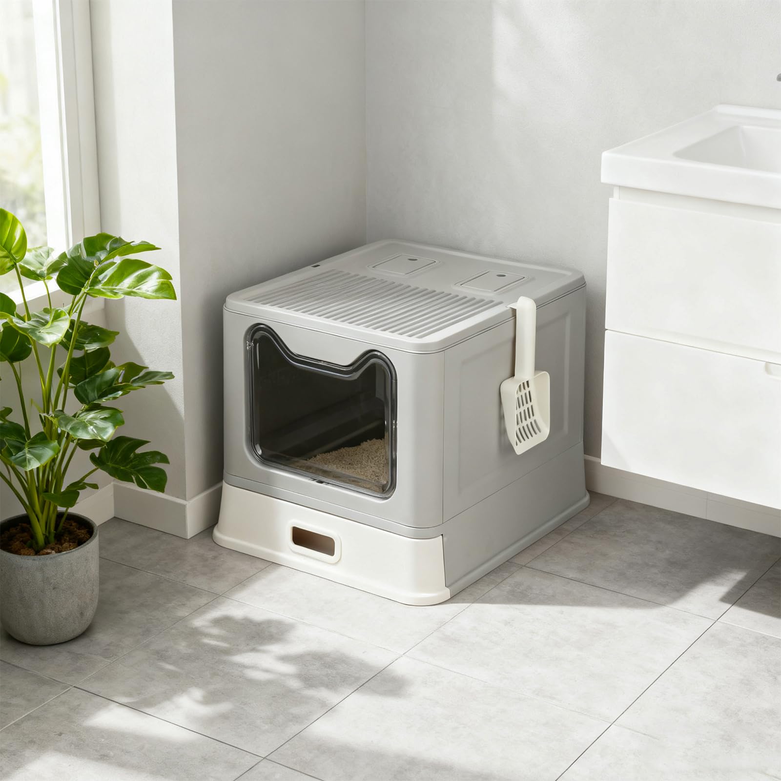 Caja de Arena Plegable para Gatos de Acero Inoxidable, Pala, Casa de Baño Fácil de Limpiar, Resistente a Olores, Adecuada para Gatos Grandes, 41 x 51 x 38 cm, Acero Inoxidable (Gris) (B)