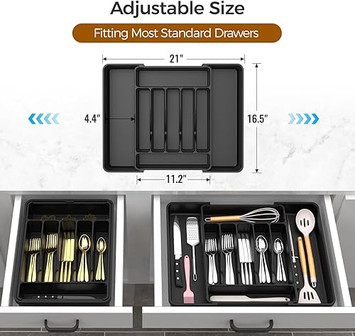 Miniatura 3 de Organizador de cubiertos expandible extragrande, sin BPA, apto para alimentos, organizador de cajones de utensilios de cocina, soporte ajustable