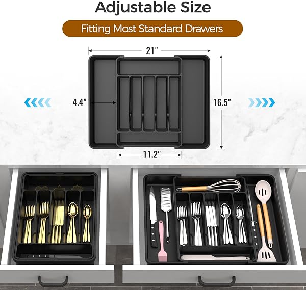 ukeetap Extra Large Expandable Silverware Organizer, BPA-Free Food-Safe Cutlery Flatware Organizer, Kitchen Utensil Drawer Organizer, Adjustable Silverware Holder for Spoons Forks Knives, Black - 3