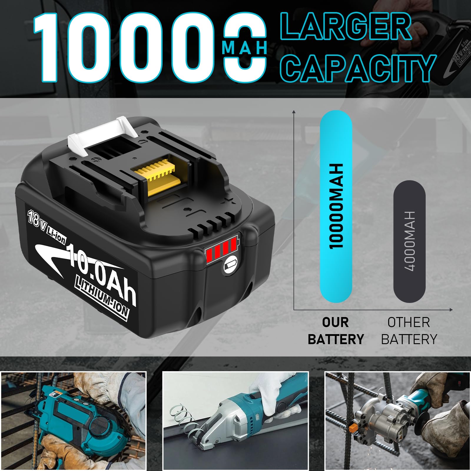 4Stück 10Ah Ersatzakkus für Makita Akku LXT BL1860B mit LED Anzeige | 10.0Ah Hohe Kapazität, LED-Ladeanzeige, Kompatibel BL1860B BL1850B BL1840B BL1830B BL1820, Für Alle LXT 18V Geräte