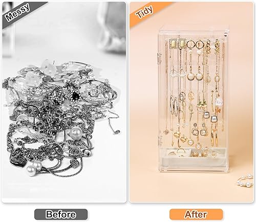 Miniatura 8 de Caja organizadora de joyas de acrílico, soporte transparente para aretes, cajas colgantes con 4 cajones de terciopelo y caja organizadora de joyas