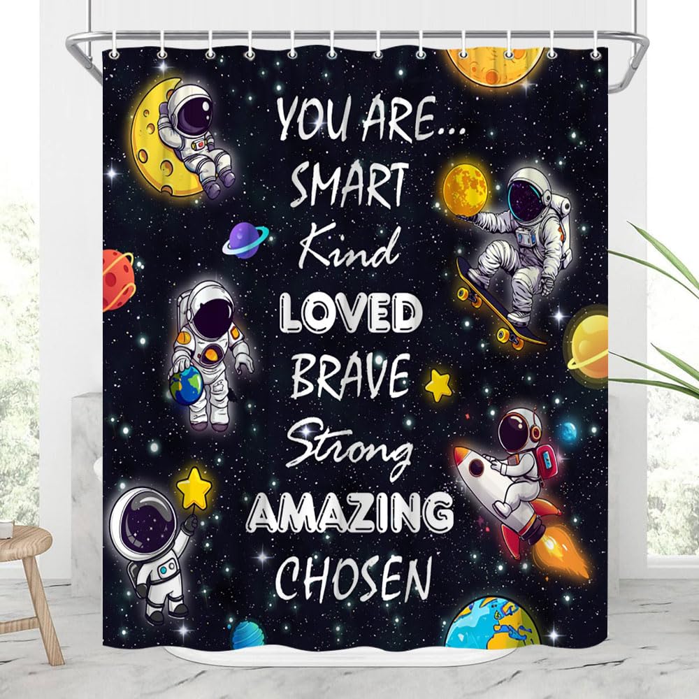 JONSEQIN Astronaut Shower Curtain Cartoon Galaxy Rocket Funny Cute Boy Outer Space Adventurer Hero Outer Space Planet Rocket Inspirational Quotation Polyester Fabric Bath Decor with Hooks