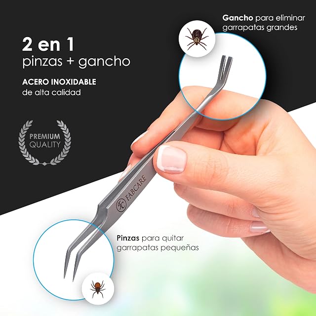 Foto 2 de 7 de FABCARE 2 en 1 Pinza y Gancho para Eliminar Garrapatas con Estuche, Guía Electrónica y Tarjeta…