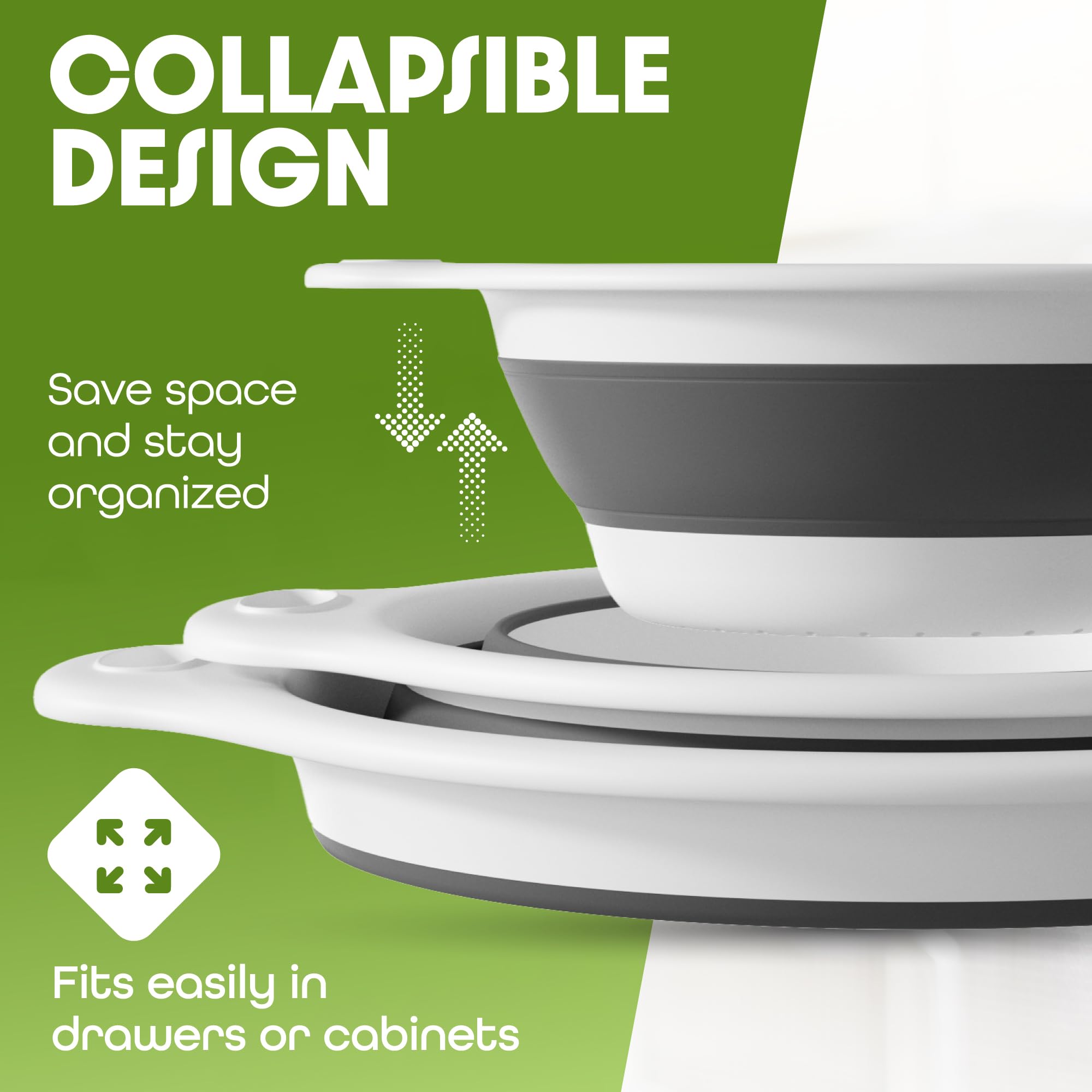 Set di 2 colini pieghevoli con base di drenaggio dell'acqua per pasta, frutta e verdura (4 e 5 quarti), colore: bianco e grigio