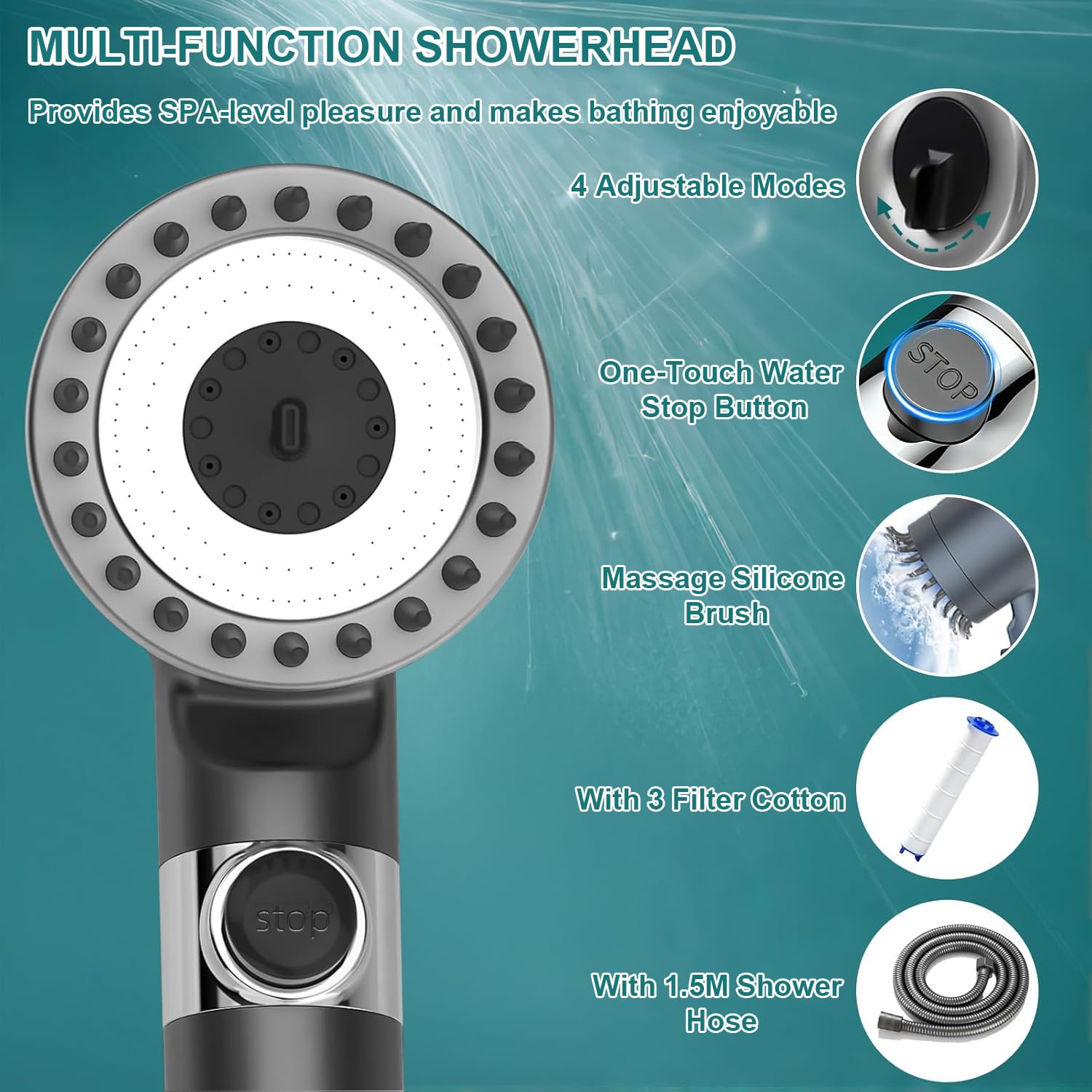 Ion Drops Shower Head, High Pressure Shower Head and Hose Set with 4 Filters, 59‘’ Hose & Bracket, 4 Spray Modes & Pause Switch, Ion Drops Filtered Showerhead with Handheld, Gray - 4