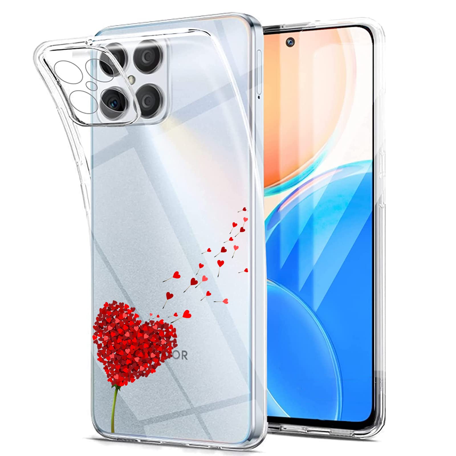 POUHYE Cover per Honor X8 4G Custodia Originale, Gomma Gel di Silicone Liquida Cover con Protezione Fotocamera, Morbida Sottile e Antiurto AntiGraffio Case con Motivo a Amore Cuore Azzurro