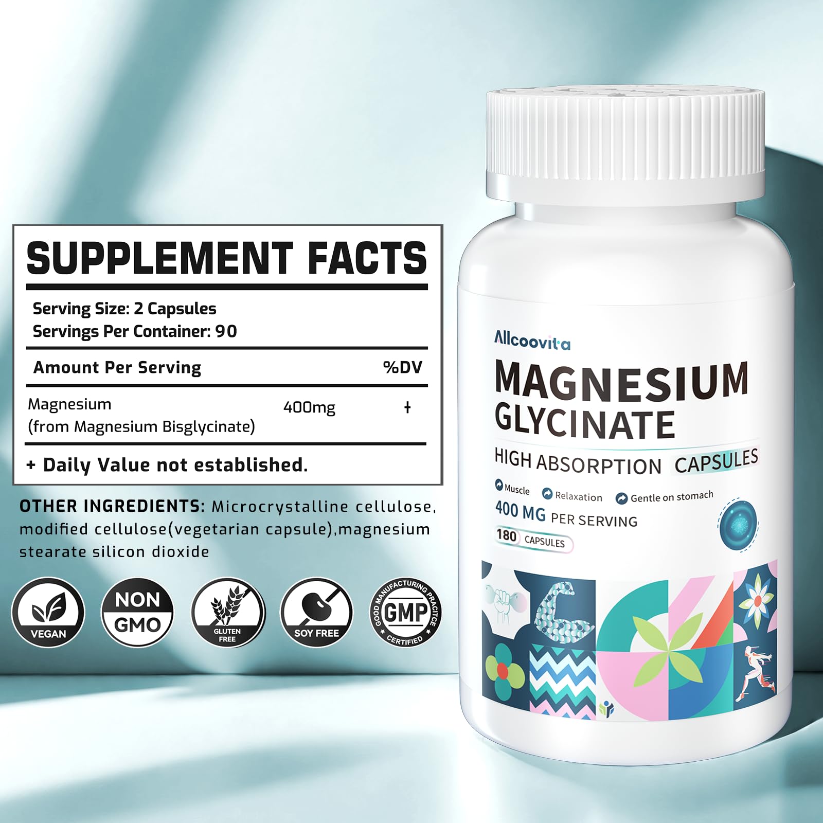 Magnesium Glycinate 400 MG per Serving 100% Chelated for High Absorption, Gentle On Stomach, Non-GMO, 180 Vegetarian Capsules