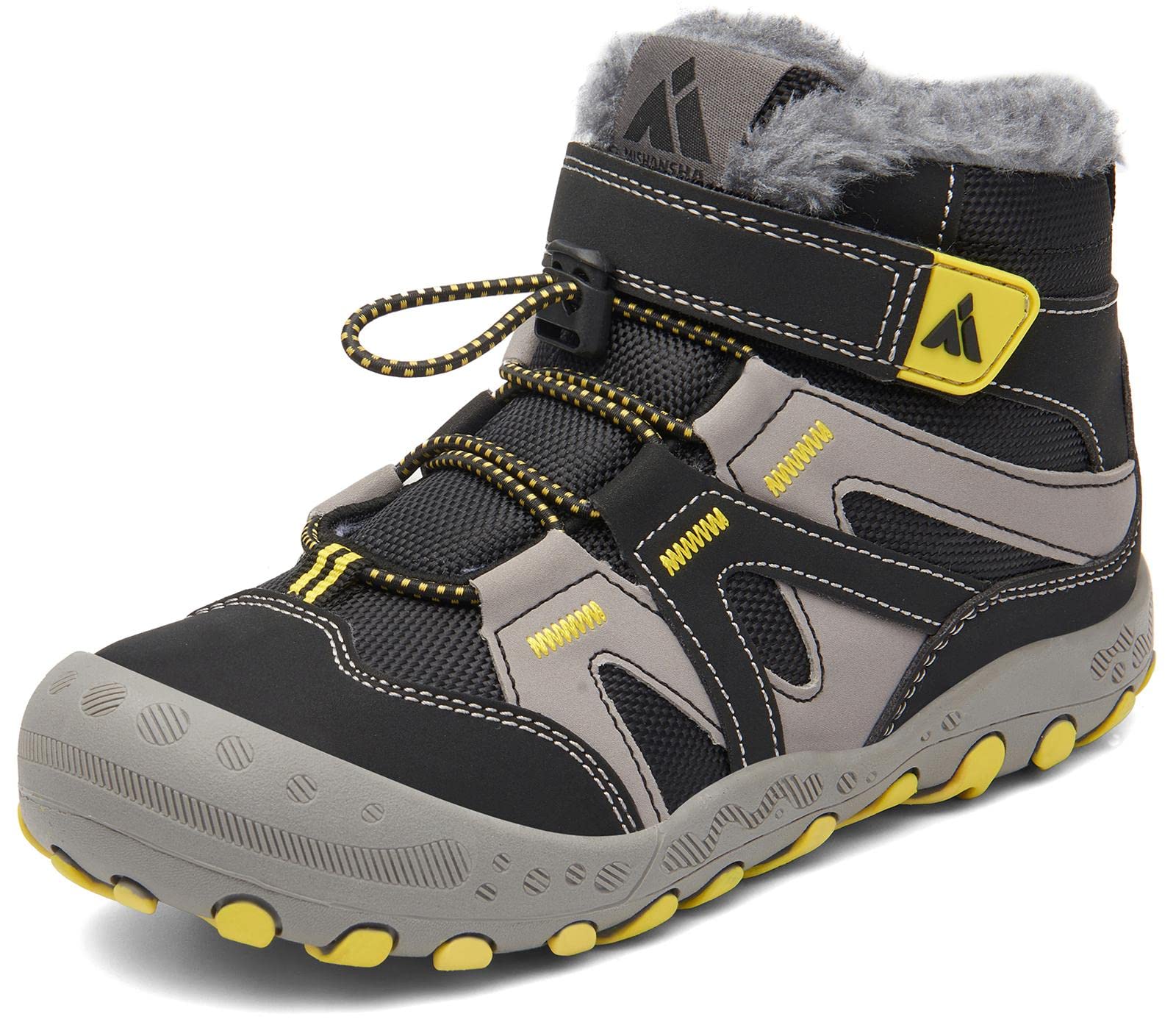 Mishansha Botas de Nieve Niño Botas Antideslizantes, Negroamarillento 28 | Forro cálido, cierre de autollenado, puntera reforzada, suela con dibujo, colegio, paseos, nieve