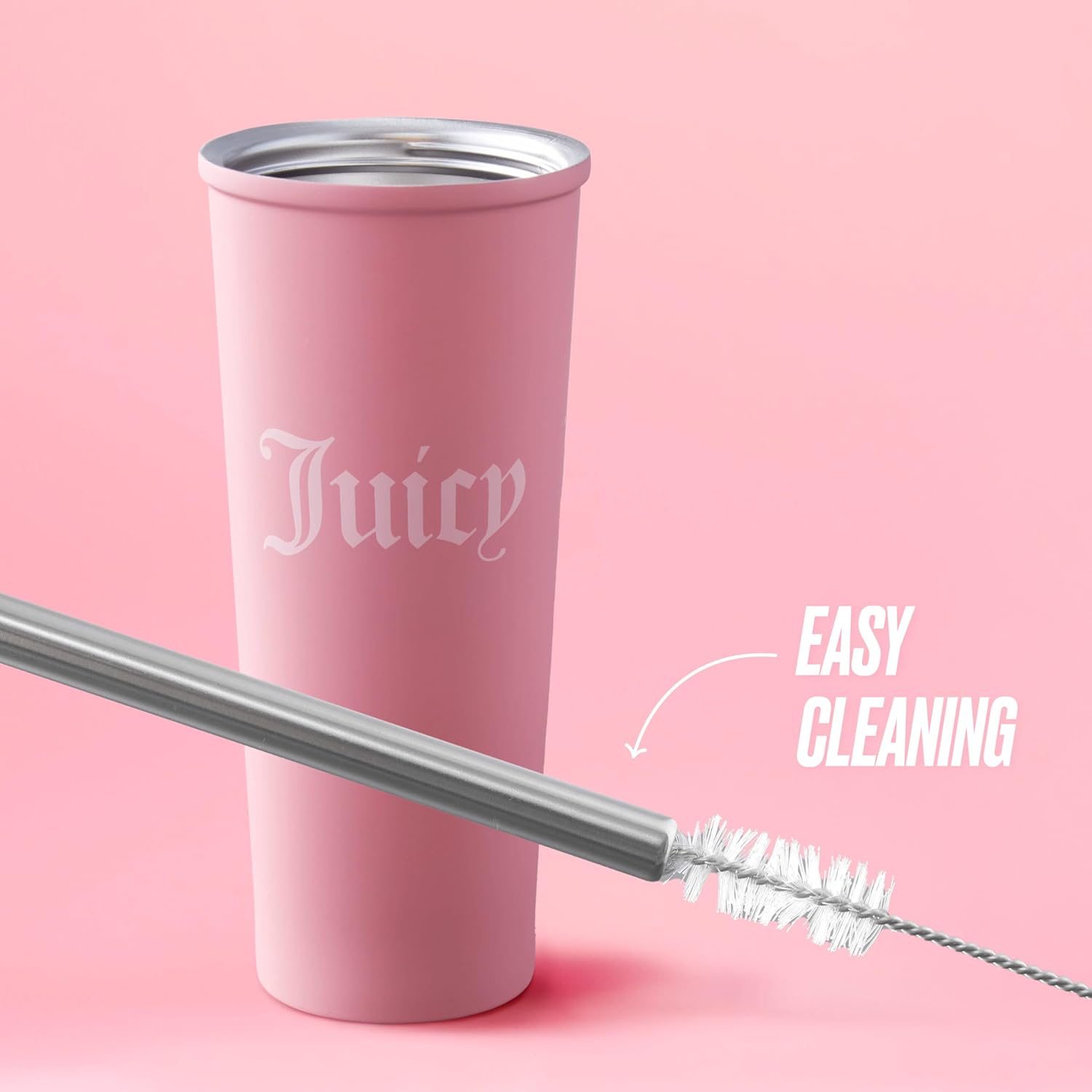 Juicy Couture 6-Piece Tumbler Gift Set With 24oz Stainless Steel Tumbler With Reusable Straw, 3 Straw Toppers and Cleaning Brush, Pink