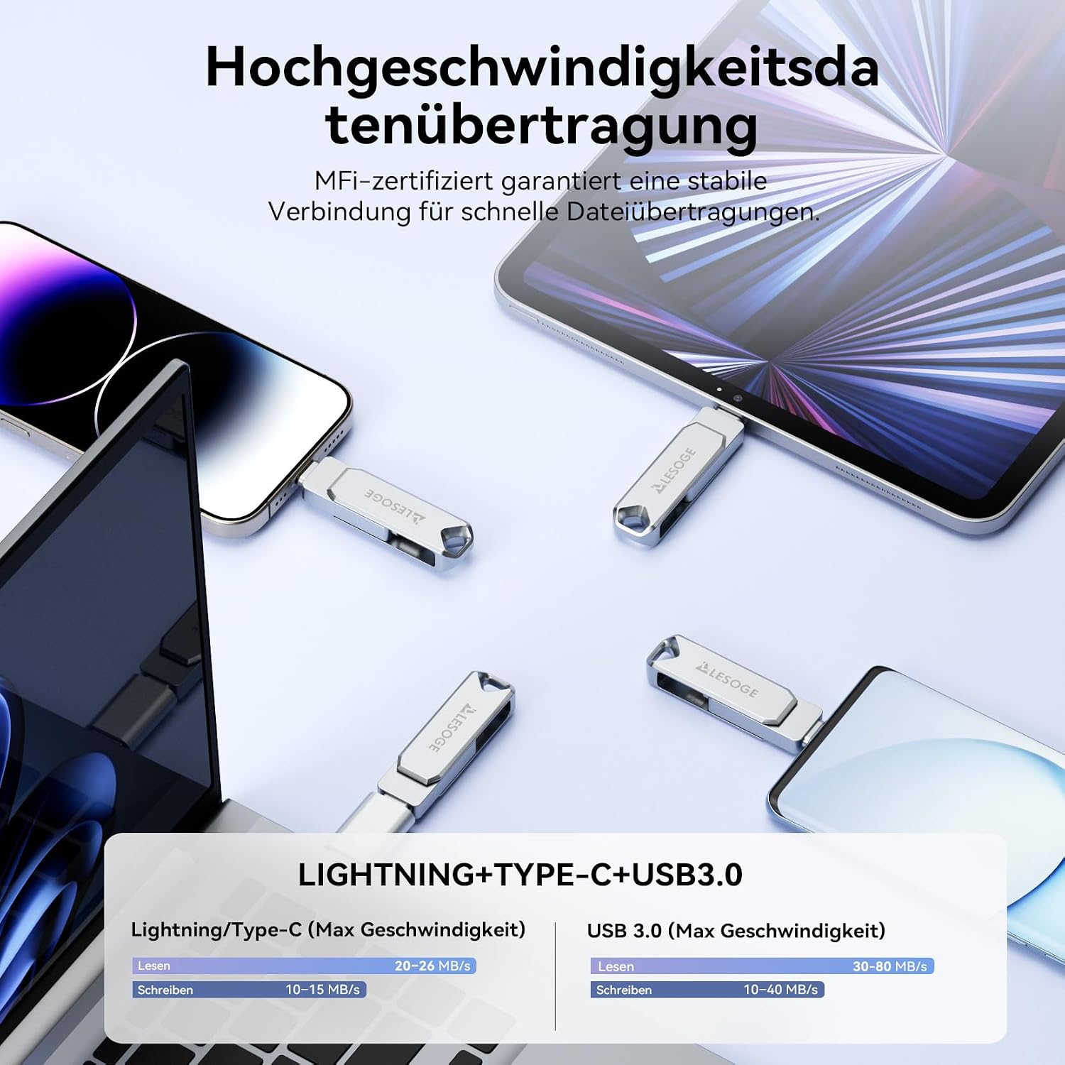 MFi-Zertifizierter USB C Stick 128 GB,Mini USB Stick Handy Fotos Speichern,3 in 1 USB C und 3.0 Stick,Externer Speicher für Fotos und Videos,Photo Stick für iPhone/iPad/Android/PC/Mac (Silber) - 4