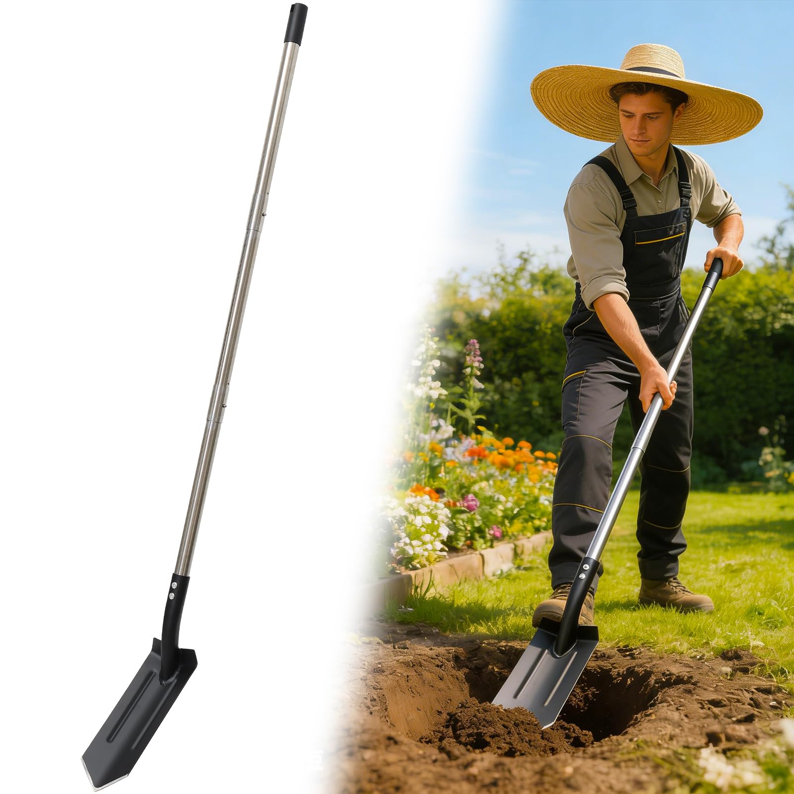 Trench Shovel for Digging, 10 cm V-Shape Narrow Trenching Spade, Heavy Duty Metal Garden Shovel Entrenching Tool for Edging Gardening Landscaping, 114 cm Adjustable Long Handle & Foot Rest Pedal