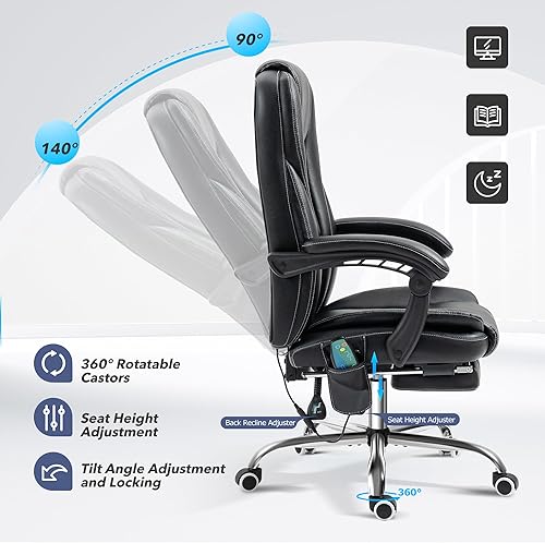 Miniatura 6 de Silla de oficina de masaje reclinable con reposapiés, silla ejecutiva ergonómica de respaldo alto con función de calefacción y vibración (negro)