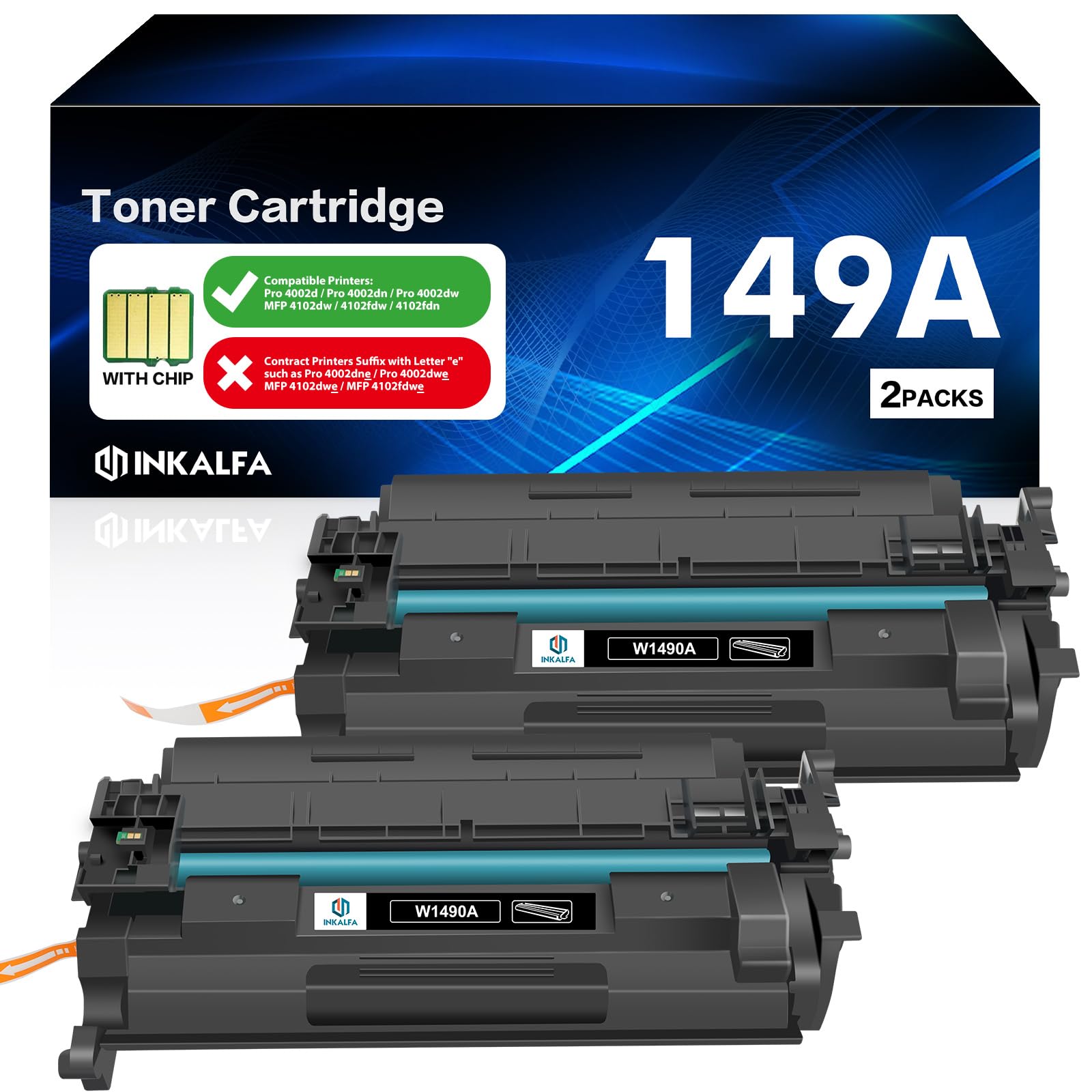 inkalfa 149A W1490A Toner (Mit Chip) Kompatibel für HP 149A 149X W1490A W1490X Toner für LaserJet MFP 4102fdw 4102dw 4102fdn Pro 4002dn 4002dw 4002d (Schwarz, 2er-Pack)