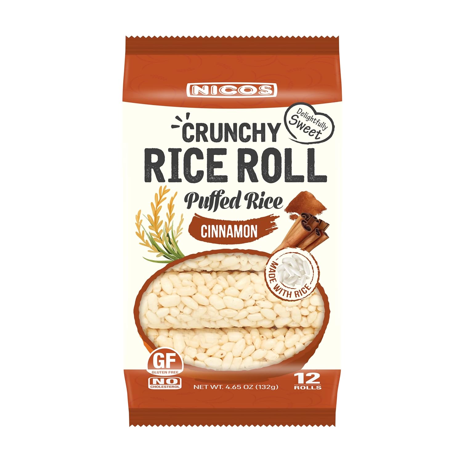 Nicos (Cinnamon) Crunchy Rice Roll- Puffed Rice (12 Rolls x 6) made with real white rice - gluten free delicious snack for kids & adults-Friendly Grains
