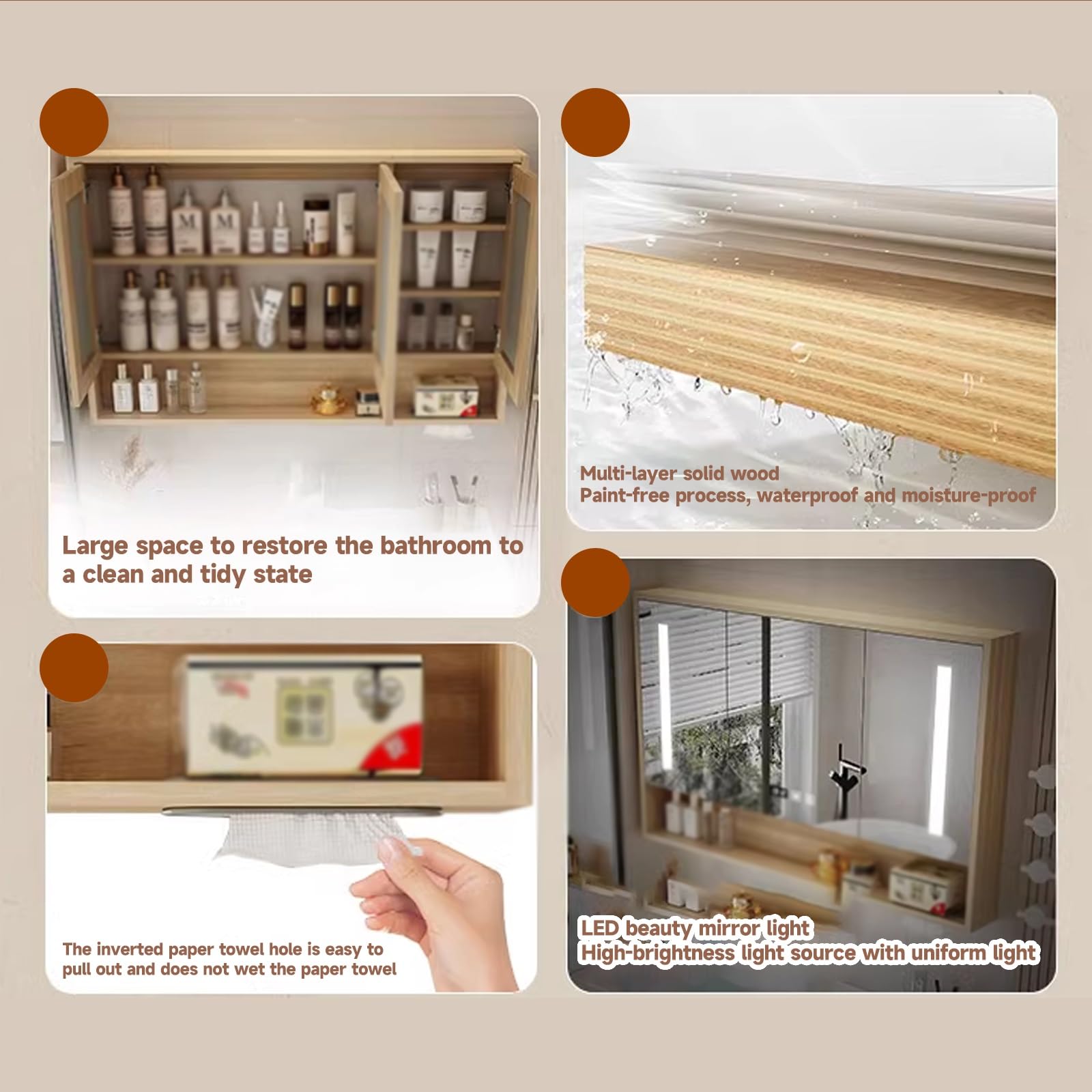 Mueble con Espejo de baño, Durable y silencioso/Orificio de Tejido humanizado/Accesorios de Hardware/Almacenamiento Dividido/Iluminación Suave(Wood,60cm/23.6in)