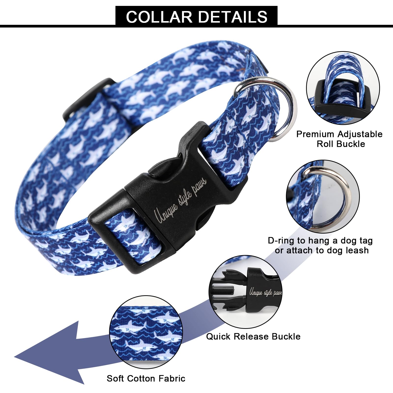 Unique style paws Blue Shark Dog Collar Puppy Collars Harnesses & Leads For Dogs Uk Bow Tie Soft Adjustable Cute Flower Comfortable Collars Pet Gift For Small Medium Large Dogs S - Image 2