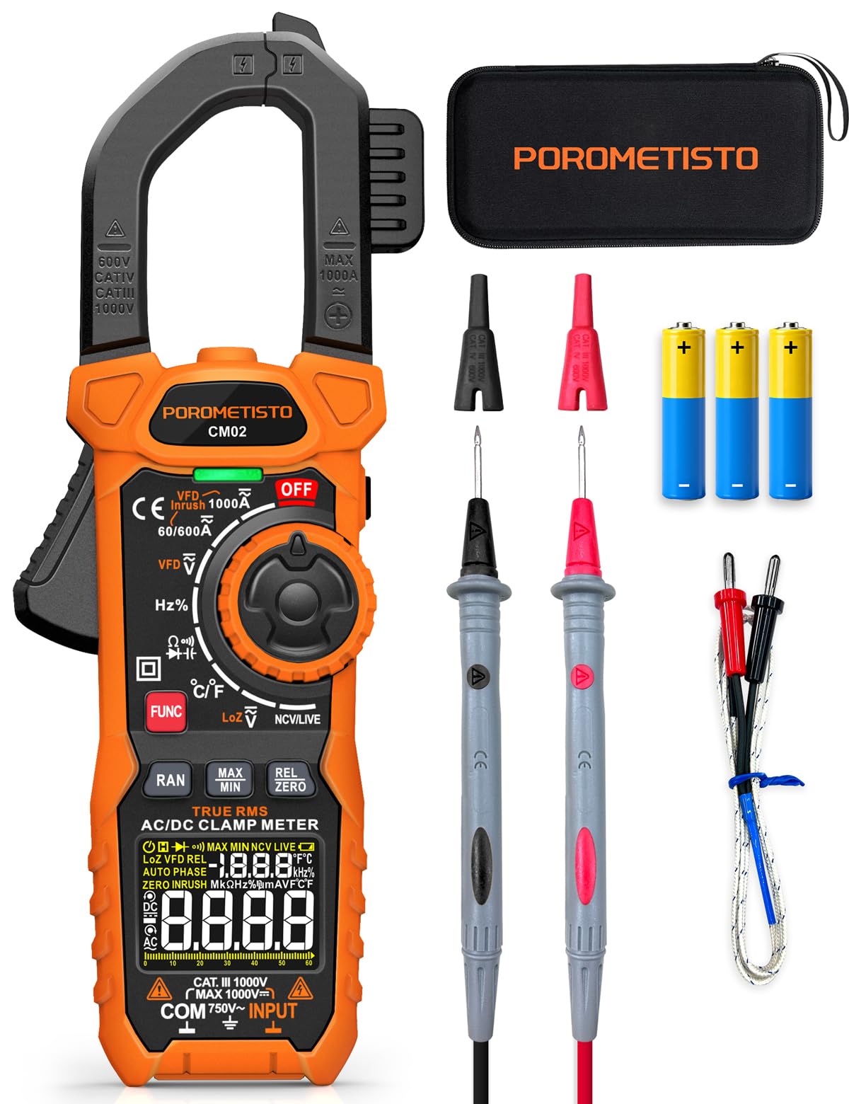 AC/DC 1000A Stromzange, Counts 6000 TRMS Strommesszange CM02,Zangenamperemeter mit VFD/LOZ-Modus,Multimeter zum Messen von AC/DC,Strom,Spannung, NCV,Frequenz,Temperatur und Kapazität