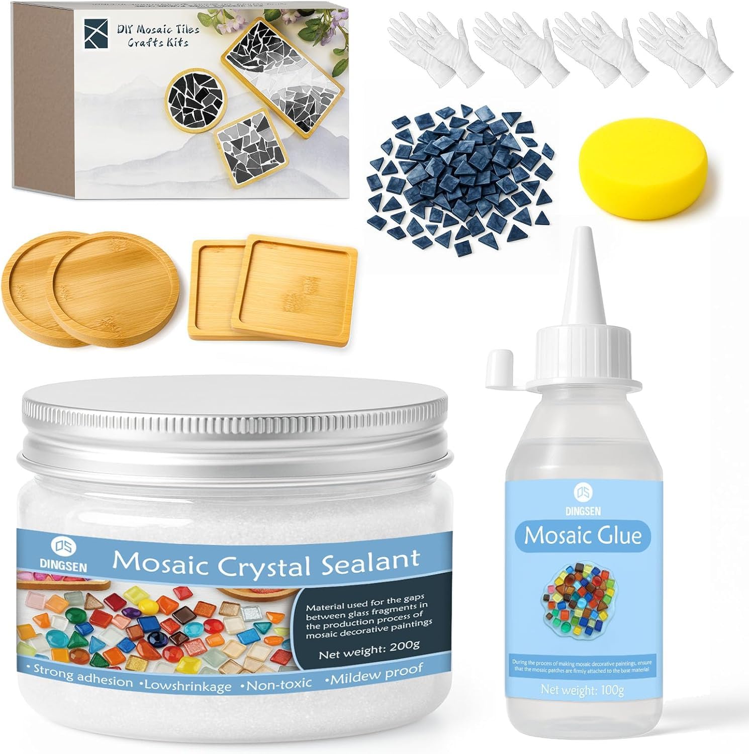 DINGSEN 4Pcs Mosaic Coaster Kit, with Ink Painting Mosaic Tiles for Crafts, Wooden Coasters, Mosaic Glue and Grout Tools, Easy Home Decor Gift Making