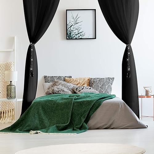 Vista 11 de 4 postes de esquina Mosquitera cortinas de cama grandes mosquiteros para dormitorio, decoración de princesa, cortinas con 4 colgantes de borla