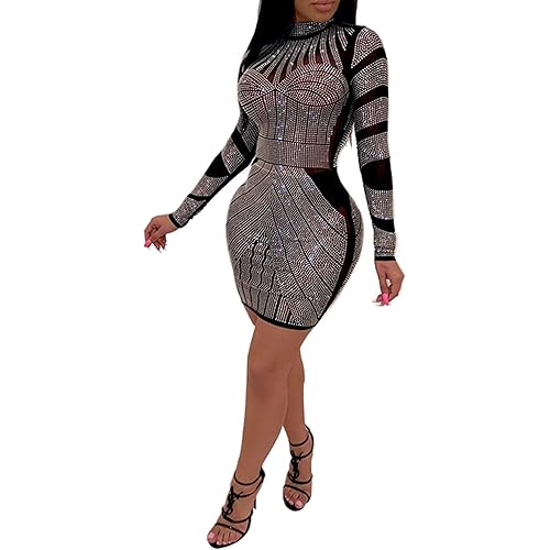 PORRCEY Women's Sexy Rhinestone Long Sleeve Night Club Dress Party Clubwear Evening Dress