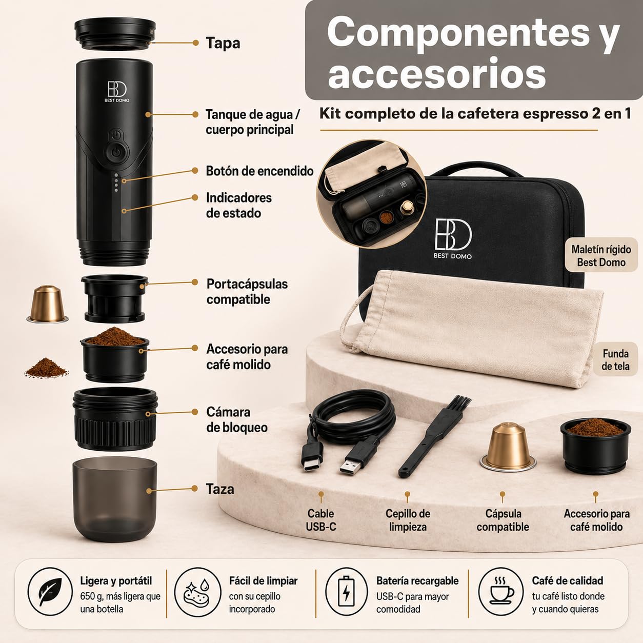 Cafetera Portátil para Cápsulas Pequeñas y Café Molido, Espresso 20 Bares | Calienta el agua y prepara hasta 5 espressos por carga. USB-C recargable, con estuche ideal para coche, viajes y oficina