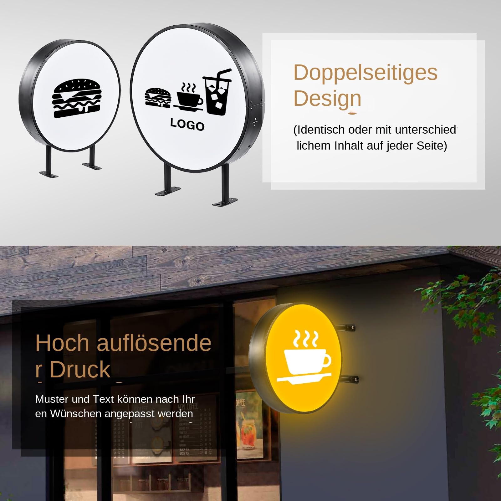 Letrero LED de doble cara como cartel publicitario, doble cara caja de luz para exteriores, 50,8 cm, letrero luminoso iluminado, para café, hotel, restaurante, tiendas minoristas, decoración