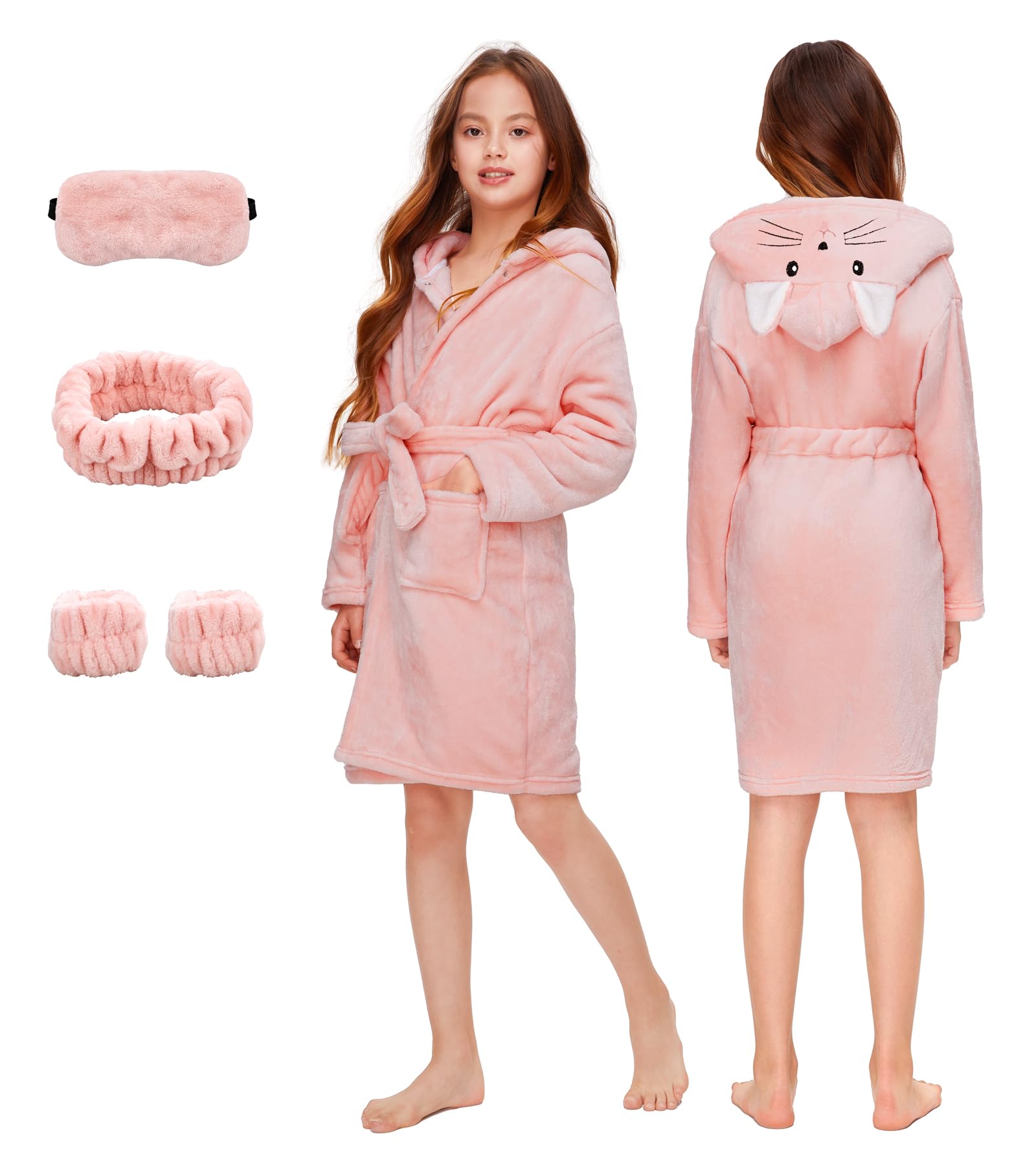 ALHAVONE Girls Boys Fleece Robe Bathrobe with Eyemask Hairband Wrist Towels Kids Soft Lightweight Plush Hooded Robe (Cat-Pink, 8)