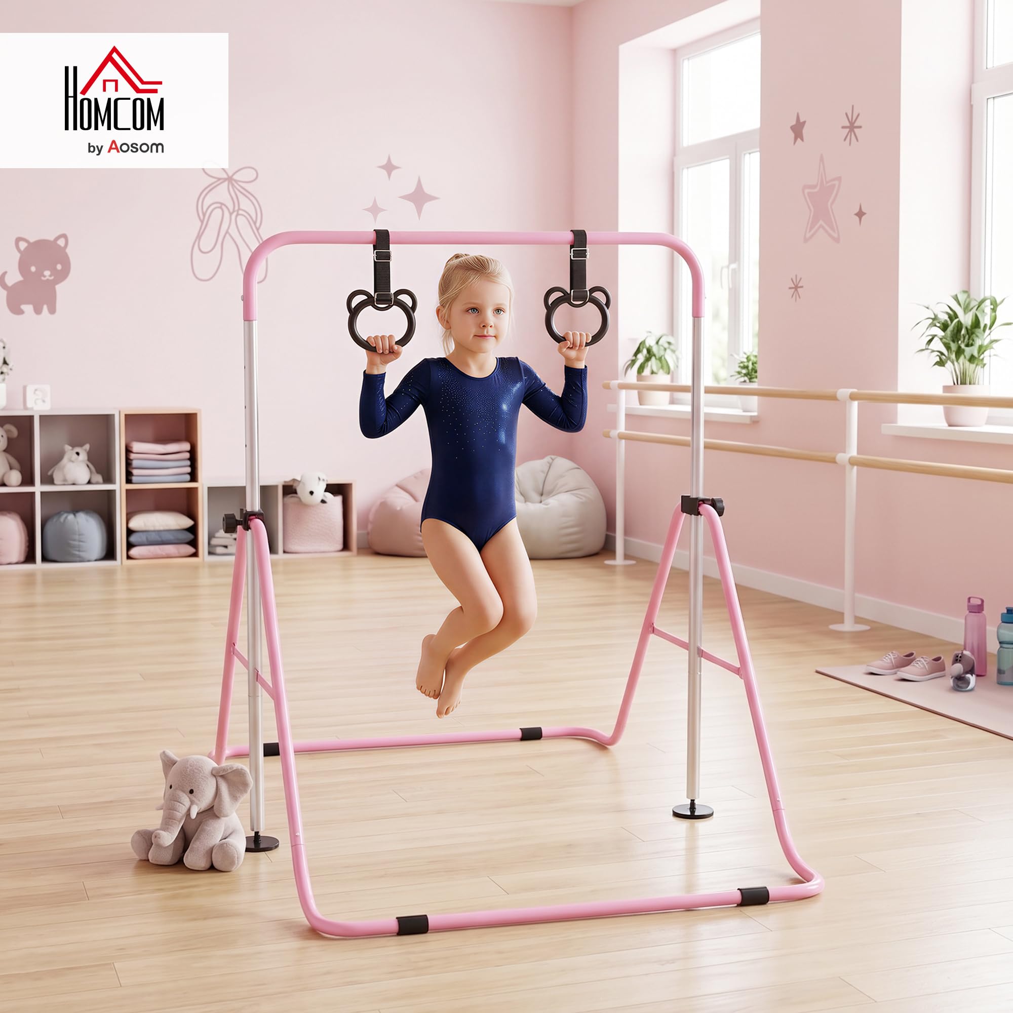 HOMCOM Sbarra Ginnastica Artistica da Casa Pieghevole per Bambini 3+ Anni, Attrezzatura da Allenamento ad Altezza Regolabile con 2 Anelli e Tappetini Antiscivolo