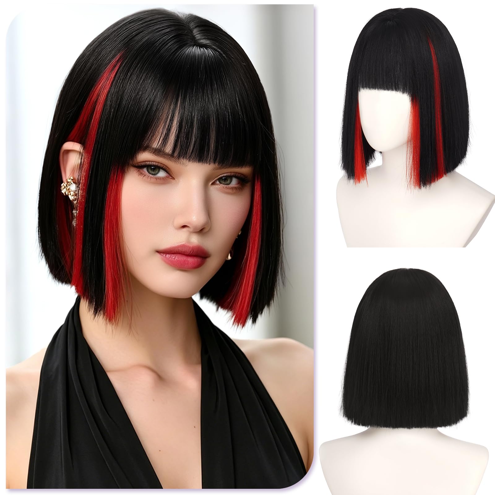 Sofeiyan Peluca con Mucho Volumen,30 cm Pelucas Cabello Natural | Peluca Corta Lisa Bob con Flequillo,Pelucas Sintética para Mujer Diario Fiestas Carnaval Cosplay,Negro con Mechones Rojos