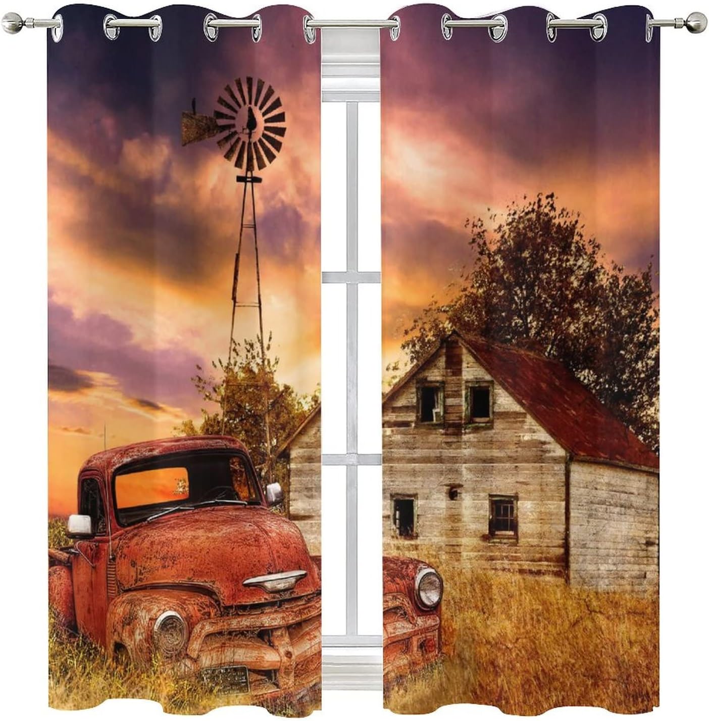 Rustic Farm Old Truck Room Darkening Blackout Window Curtains with Grommets,Western Country Farmhouse Sunset Nature Scenery Energy Efficient Window Treatment 2 Panels 63L x 21W