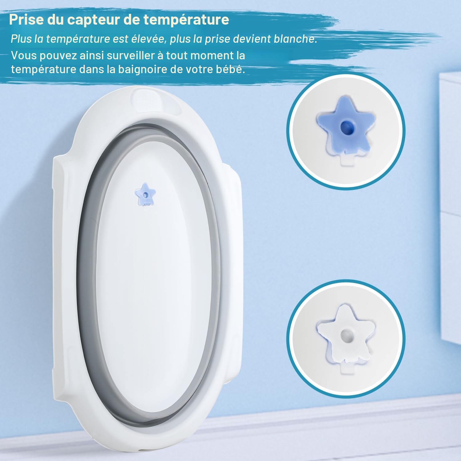 Baignoire pliable pour nouveau-nés et tout-petits avec support antidérapant et tapis de bain, gris