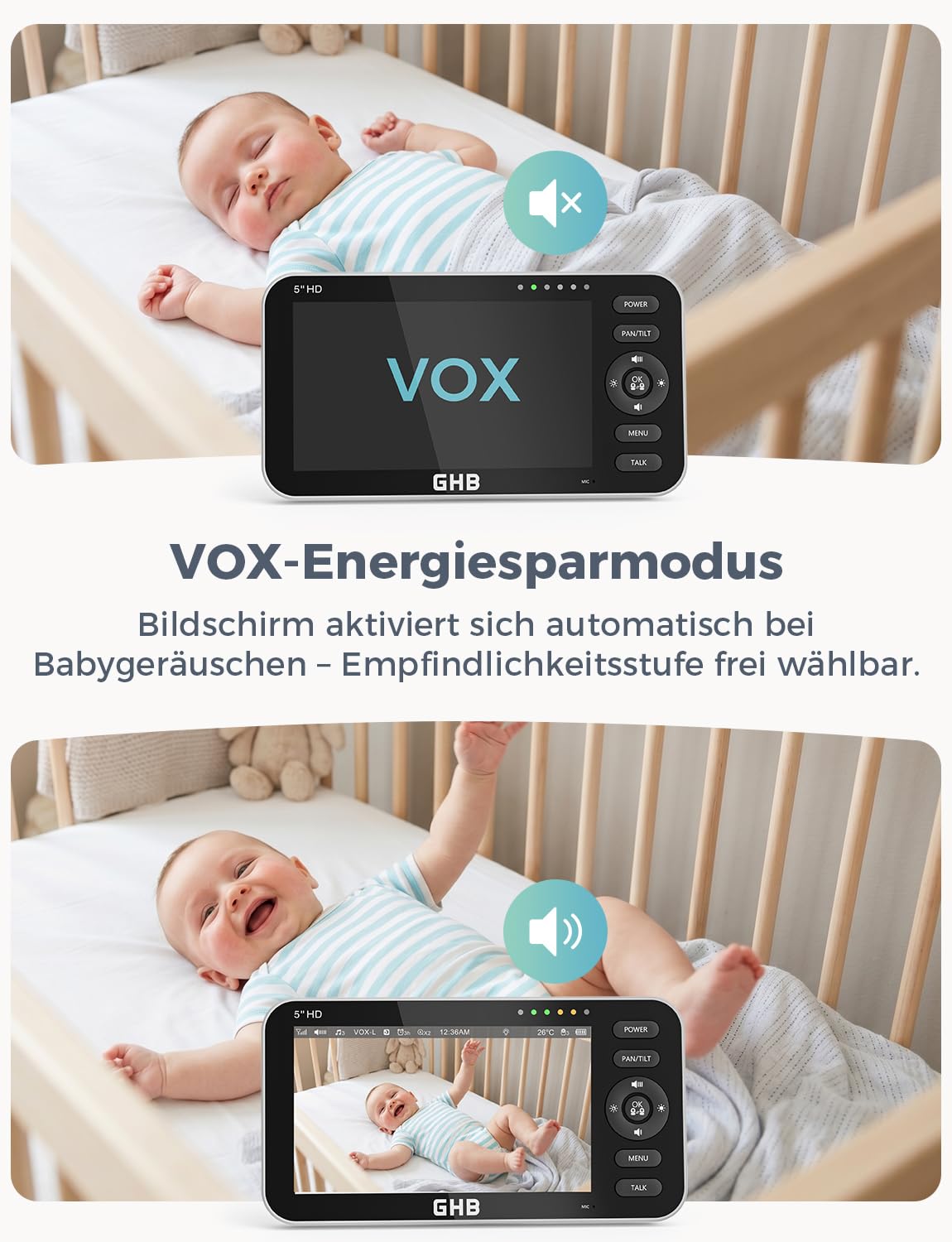 GHB Babyphone mit Kamera 5 Zoll 720P HD Display mit bis zu 168h Akkulaufzeit im VOX Schlafmodus Split-Screen-Anzeige Nachtsicht 4X Zoom Schwenkbar
