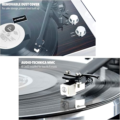Miniatura 5 de mbeat MB-PT-18K - Tocadiscos de alta fidelidad con cubierta antipolvo extraíble, lápiz MMC, grabación USB, contrapeso Tonearm y antipatinaje,