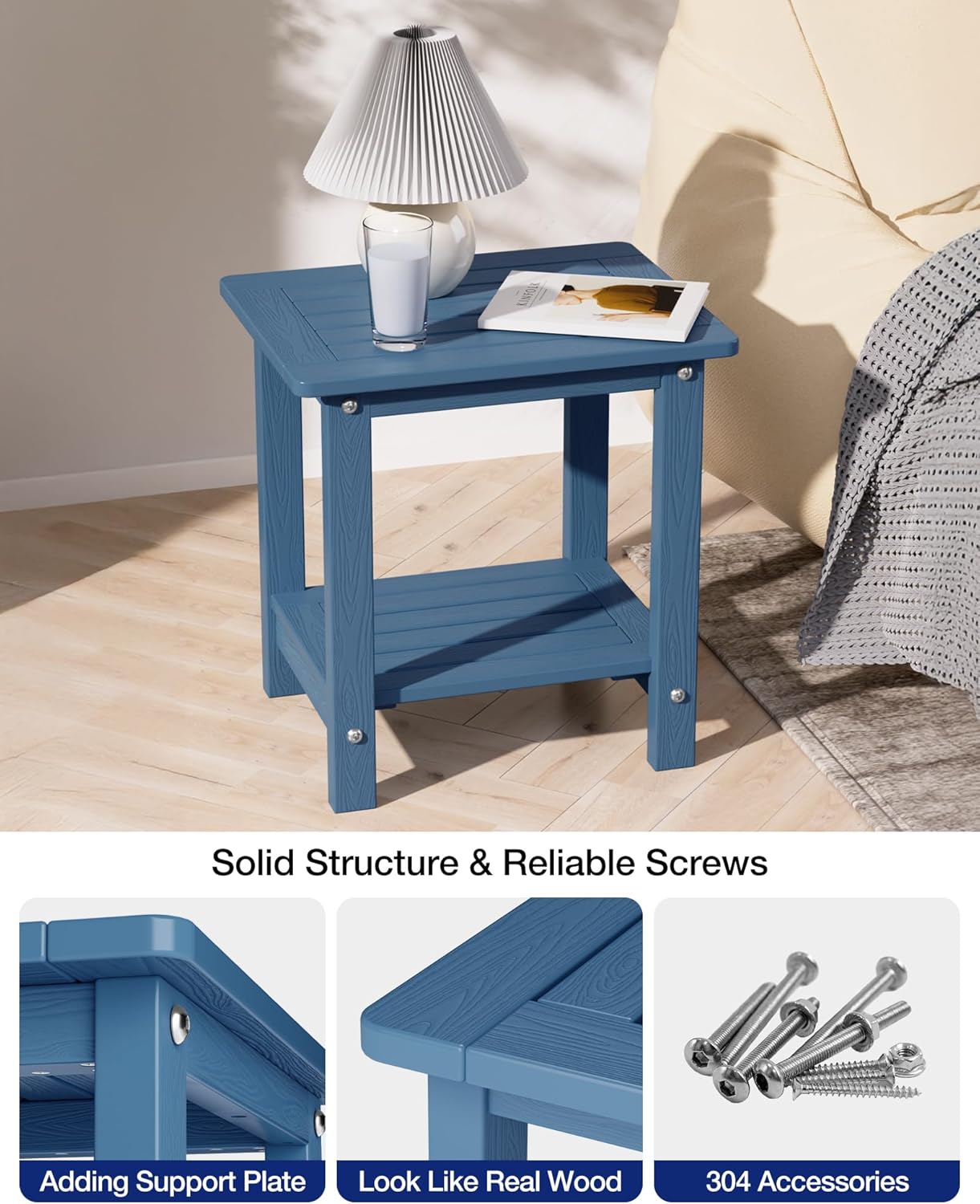 YEFU Outdoor Side Table for Patio: 16" HIPS Weather - Resistant Adirondack Tables - Waterproof Small Square End Tables for Backyard Pool Porch Balcony - Indoor Outdoor Double Layer Table Navy Blue