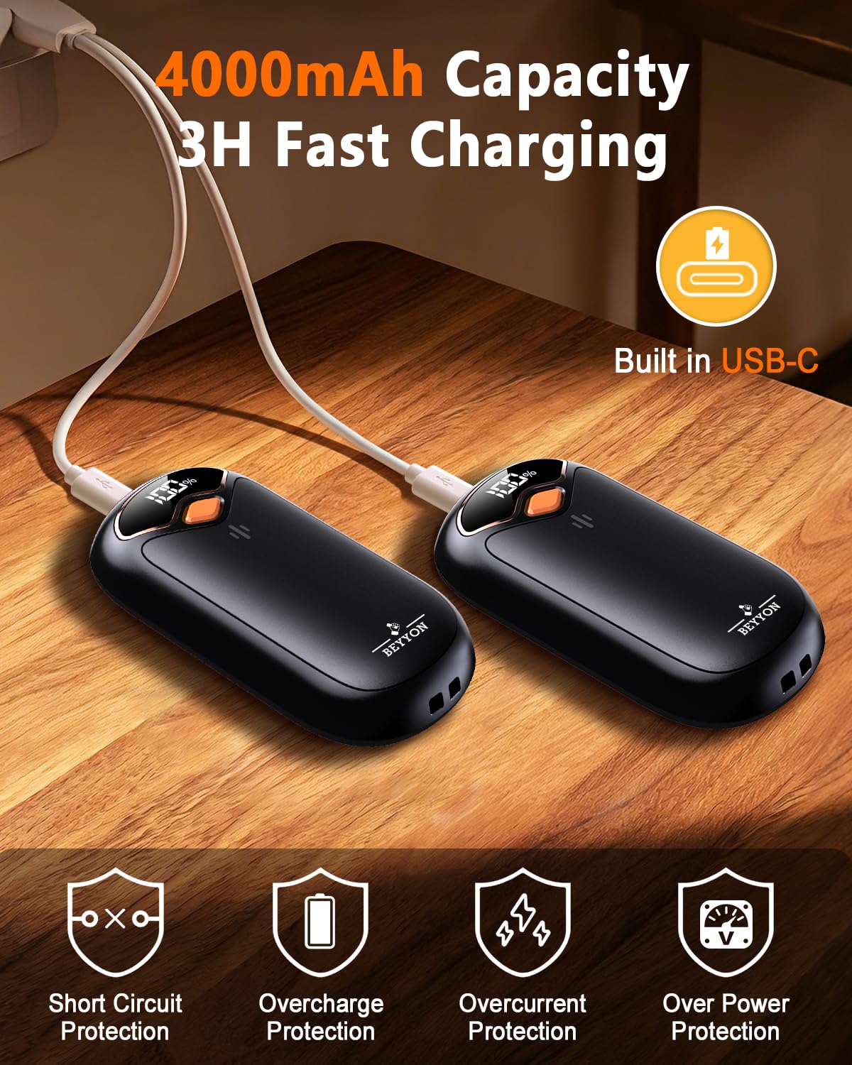 Handwärmer Elektrisch, 2er Pack - Zweiseitig heizende elektrische Handwärmer mit LED-Digitaldisplay, 4 Heizstufen, tragbares Taschenheizgerät für Camping Jagd, Geschenke für Männer Frauen