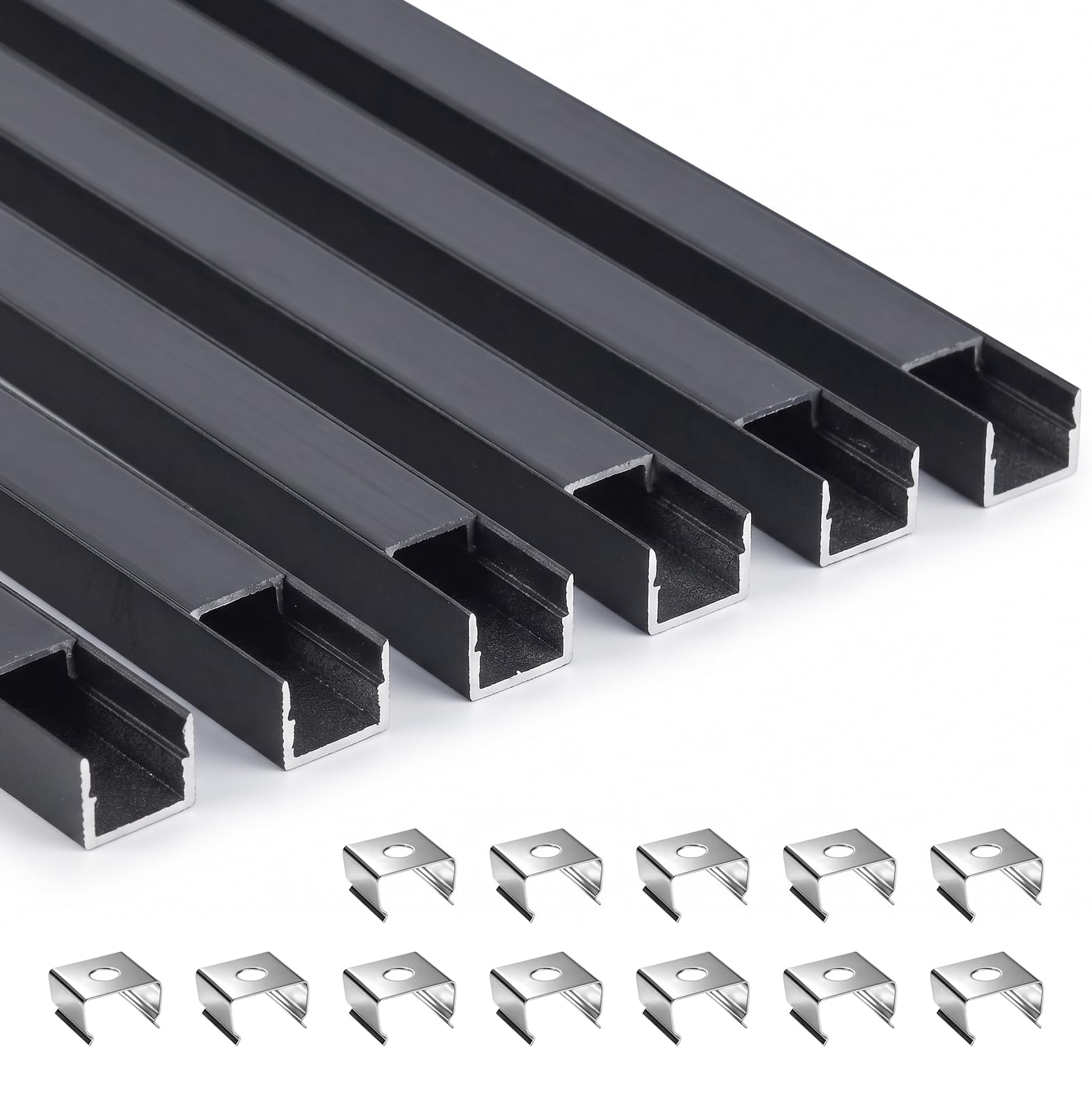 Perfil LED de 1 m, color negro, juego de 6 unidades, perfil de aluminio LED, 12 × 10 mm, para paneles acústicos con clips de montaje, tiras negras, LE-D Pro-fil ST10, aluminio, negro para tiras (no