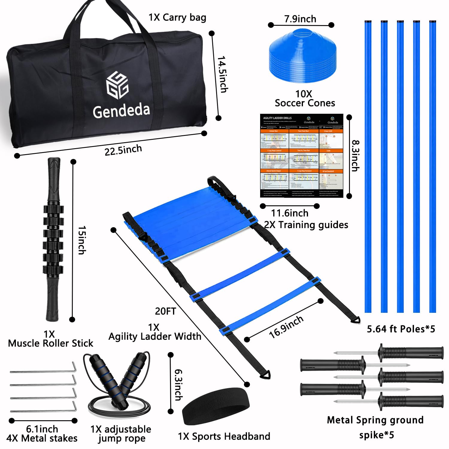 Slalomstangen Fussball Trainingsset Set — Fussball trainingszubehör mit 5 Slalom Stangen, Koordinationsleiter 6m, 10 Hütchen, Springseil — Komplettes Trainingszubehör für Kinder & Erwachsene