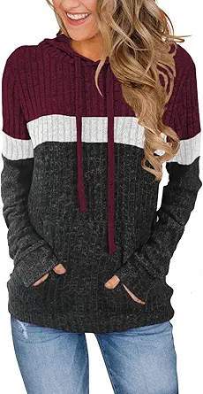 MixShe Women’s Color Block Knit Hoodie – Casual Long Sleeve Pullover Sweater Tops with Pocket