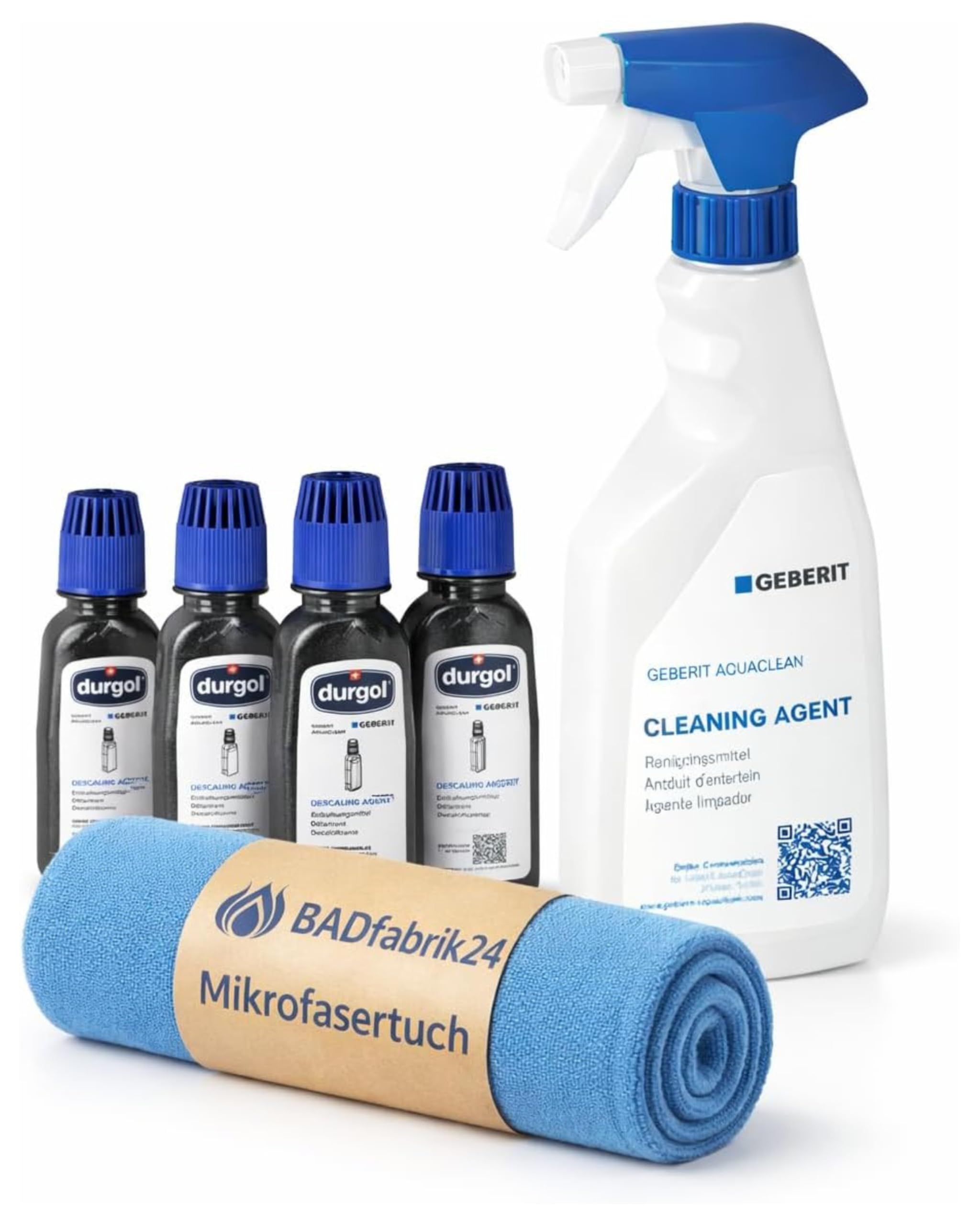 Pflege-Set für Geberit AquaClean Dusch-WC, Reinigungsmittel 500 ml + Entkalkungsmittel 4 x 125 ml + Mikrofasertuch 40 x 40 cm, materialschonend und gebrauchsfertig