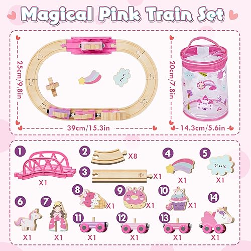 Miniatura 7 de Lehoo Castle Juego de tren de madera para niñas, juego de tren de unicornio para niños pequeños de 2 a 4 años, pista de tren de madera con bolsa de