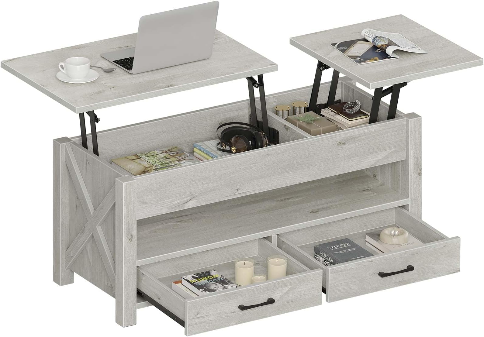 Seventable Coffee Table, 47.2" Lift Top Coffee Table with 2 Storage Drawers and Hidden Compartment, Retro Center Table with Wooden Lift Tabletop for Living Room, Gray