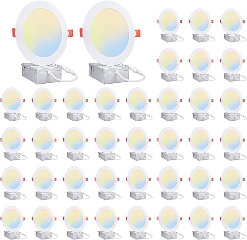 Luz LED empotrada de 4 pulgadas (paquete de 40) - 2700 K3000 K3500 K4000 K5000 K con caja de conexiones, luz descendente delgada y regulable -