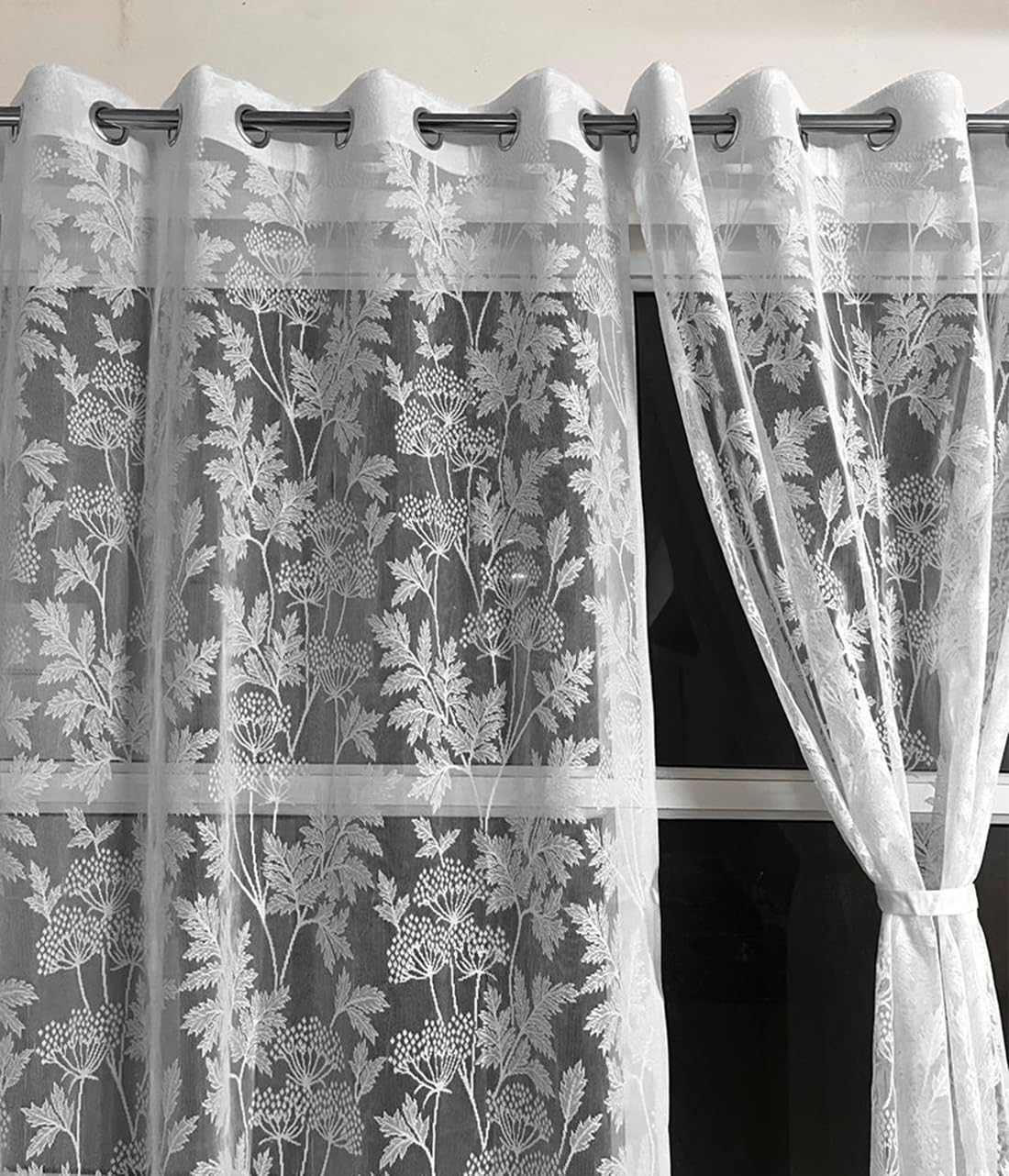Fabrilia Floral Sheer Net Semi Transparent Grommet Curtains for Door 7 Feet Long Set of 2, White