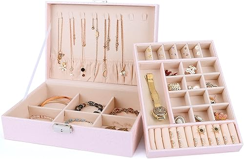 Cajas de joyería para mujer caja organizadora grande de piel sintética caja de almacenamiento de joyas de 2 capas con cerradura caja de joyería rosa