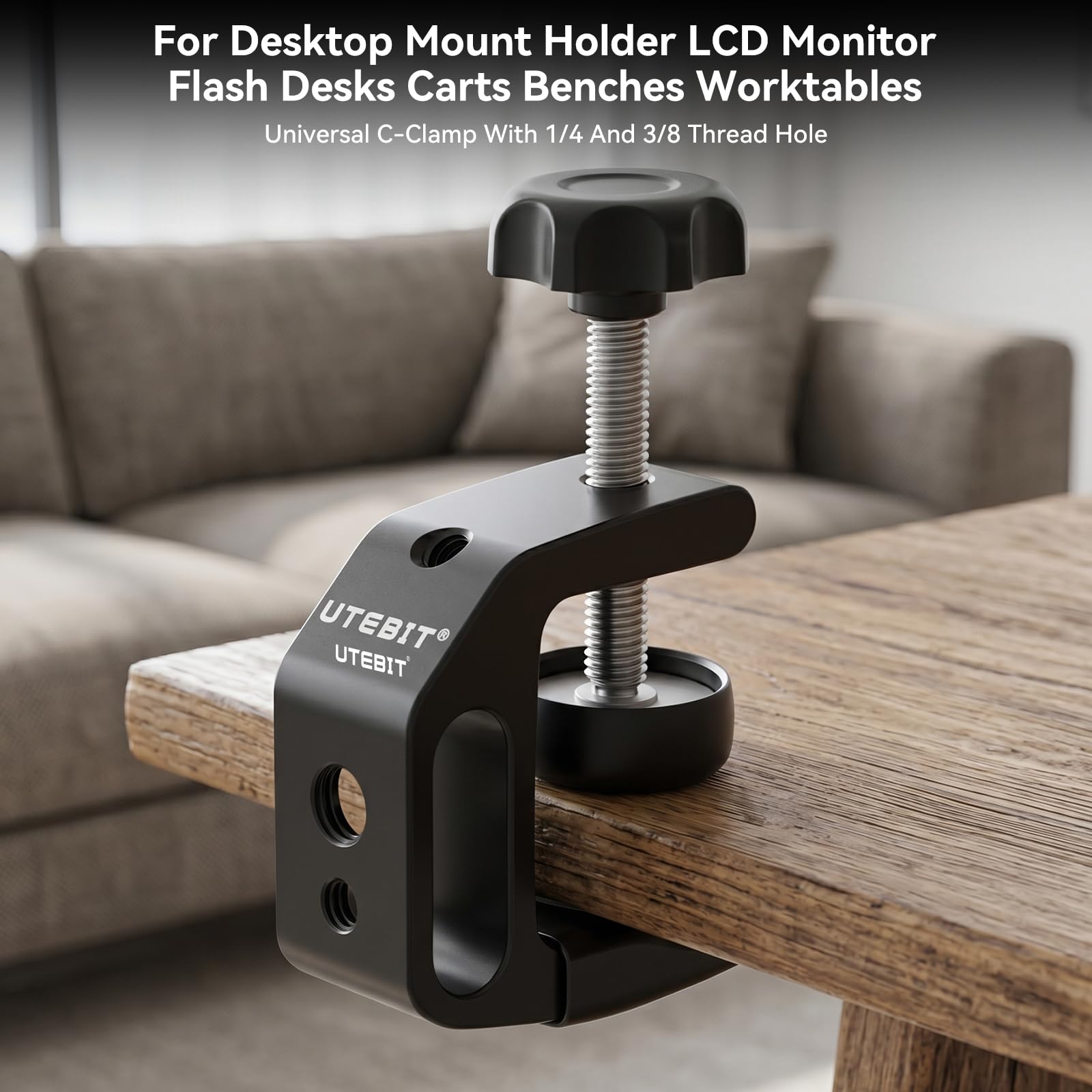 UTEBIT Serre Joint en C avec Trou de File 1/4" et 3/8", Pince en C pour Caméra pour Montage de Caméra, Métal Serre Joint de Table en C Poids Lourd, Adapté Jusqu'à 0-30mm de Diamètre, 2 Pièces