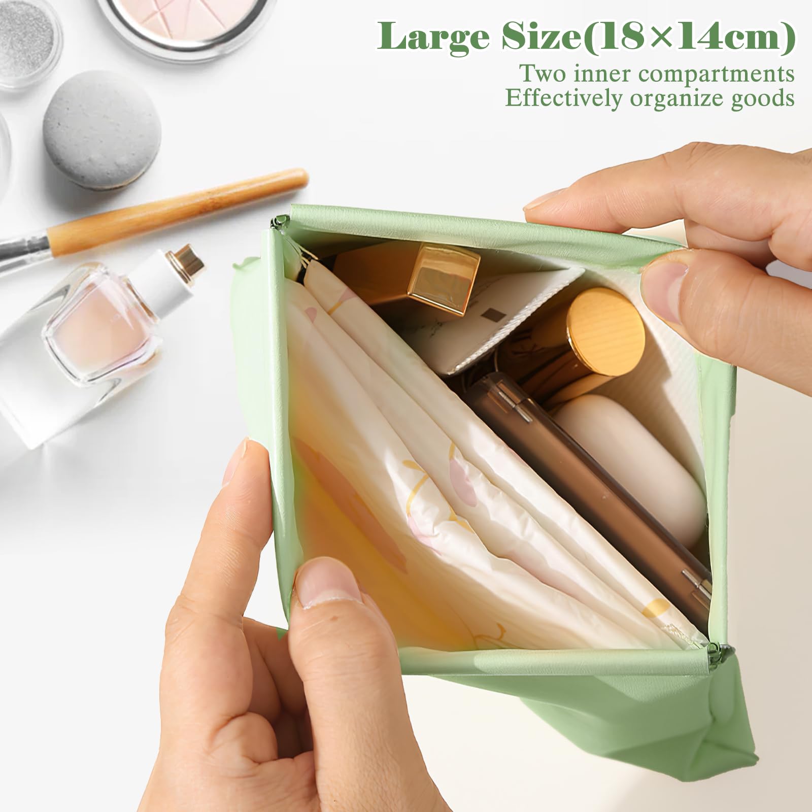 CoolShef Small Pouch for Women, PU Leather Mini Travel Organizer Bag for Purse, Cosmetic Coin Purse for Lipstick, Jewelry, Headphones, Glasses Case or Sunglasses Pouch, Matcha Green, 3PCS 4