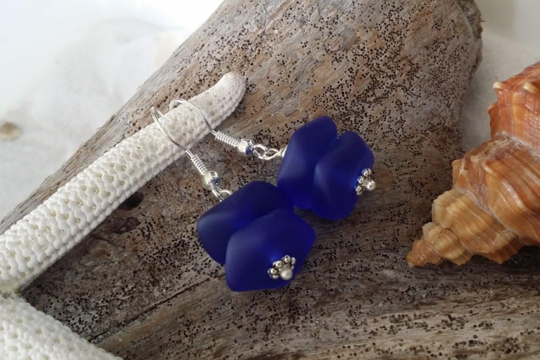 YInahawaii Handmade cobalt blue sea glass earrings, (Hawaii Gift Wrapped, Customizable Gift Message)
