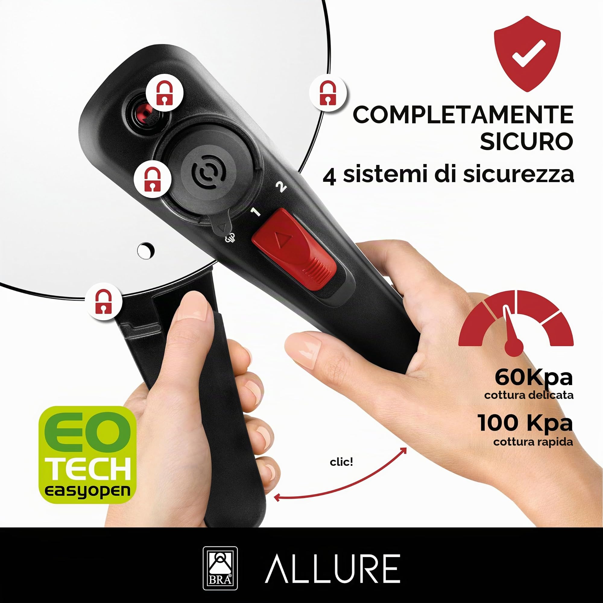 BRA Allure | Pentola a pressione Rapida di 9 Litri, Realizzata in Acciaio inossidabile 18/10, Con 2 Programmi di cottura e Sistema di blocco dell'apertura, Adatta a tutti i tipi di piani cottura
