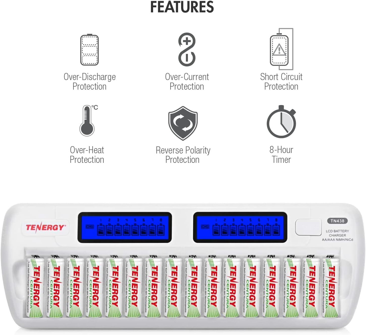Black Friday - 80% OFF Tenergy TN438 16-Bay Auto-detect AA/AAA NIMH/NICD LCD Built-in IC Protection Smart Intelligent Battery Charger (Charger + 16 AA Low Self Discharge Batteries)