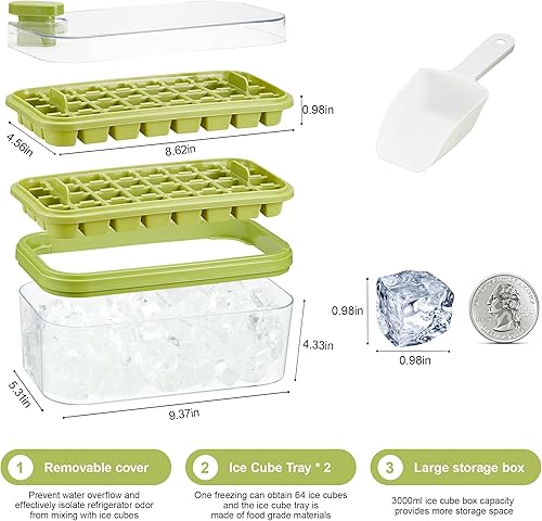 Miniatura 2 de Bandejas para cubitos de hielo con tapa y contenedor de almacenamiento para congelador, 2 bandejas de hielo apilables de silicona de 32 pulgadas,
